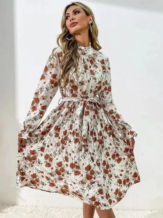 Autumn Floral Pleated Midi Dress - Women's Long Sleeve High Collar Slim Fit with Ruffle Detail and Belt - MissyMays Elegance