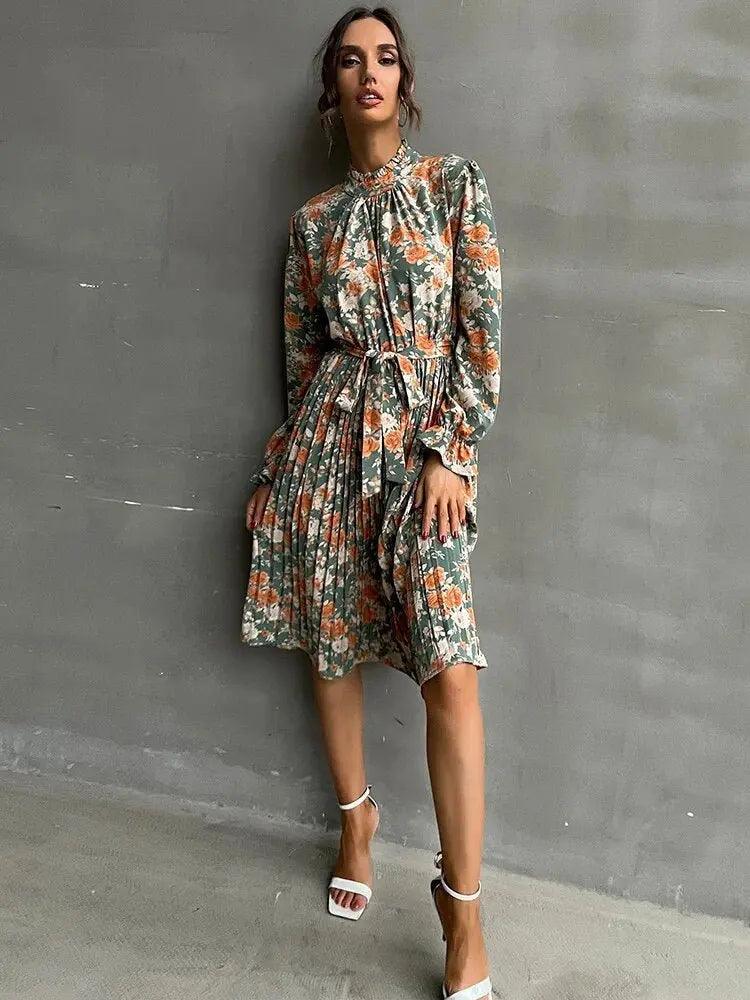 Autumn Floral Pleated Midi Dress - Women's Long Sleeve High Collar Slim Fit with Ruffle Detail and Belt - MissyMays Elegance