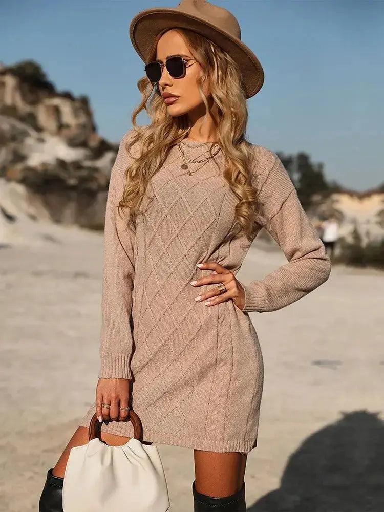 Autumn Knit Sweater Mini Dress - Warm Long Sleeve Round Neck Design - MissyMays Elegance