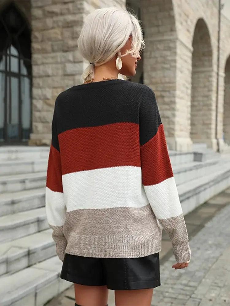 Autumn Loose Sweaters Women Casual Streetwear Knitted Striped Ladies Sweater Elegant Long Sleeve O-neck Pullover Top - MissyMays Elegance