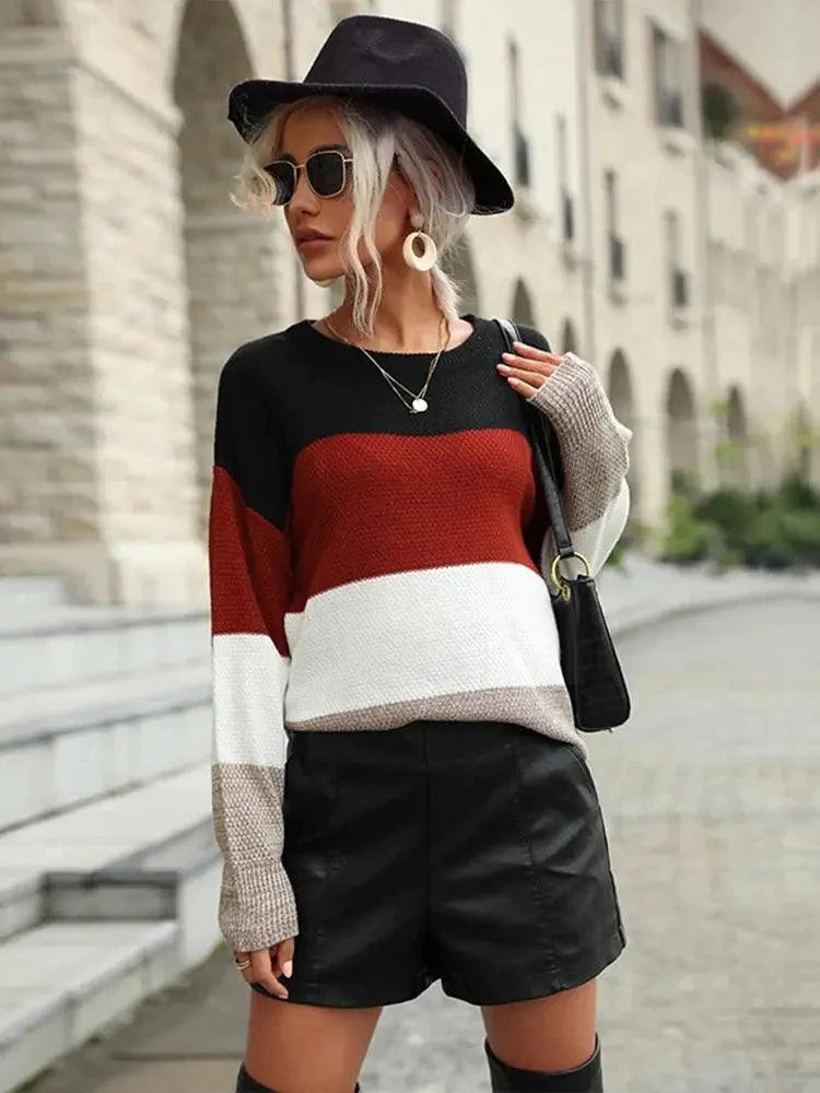Autumn Loose Sweaters Women Casual Streetwear Knitted Striped Ladies Sweater Elegant Long Sleeve O-neck Pullover Top - MissyMays Elegance