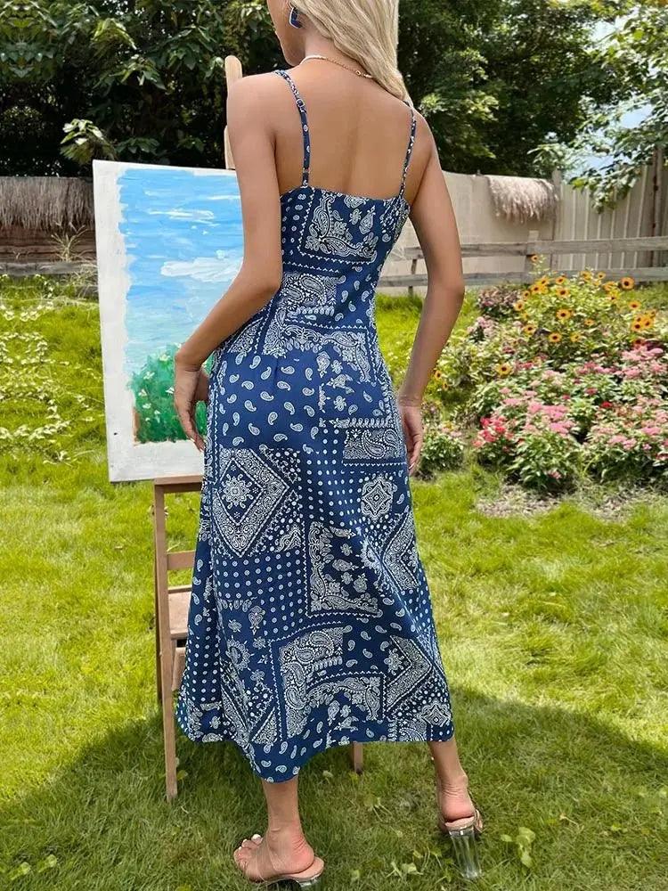 Backless Bohemian Floral Midi Dress - Spaghetti Strap Split Design for Women's Summer Beach Fashion - MissyMays Elegance