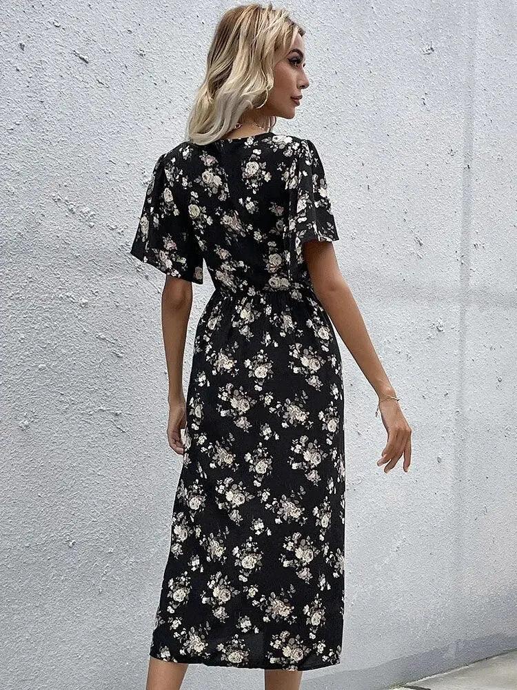 Black Floral V Neck Midi Dress - Vintage Casual Summer Vestidos for Women - MissyMays Elegance