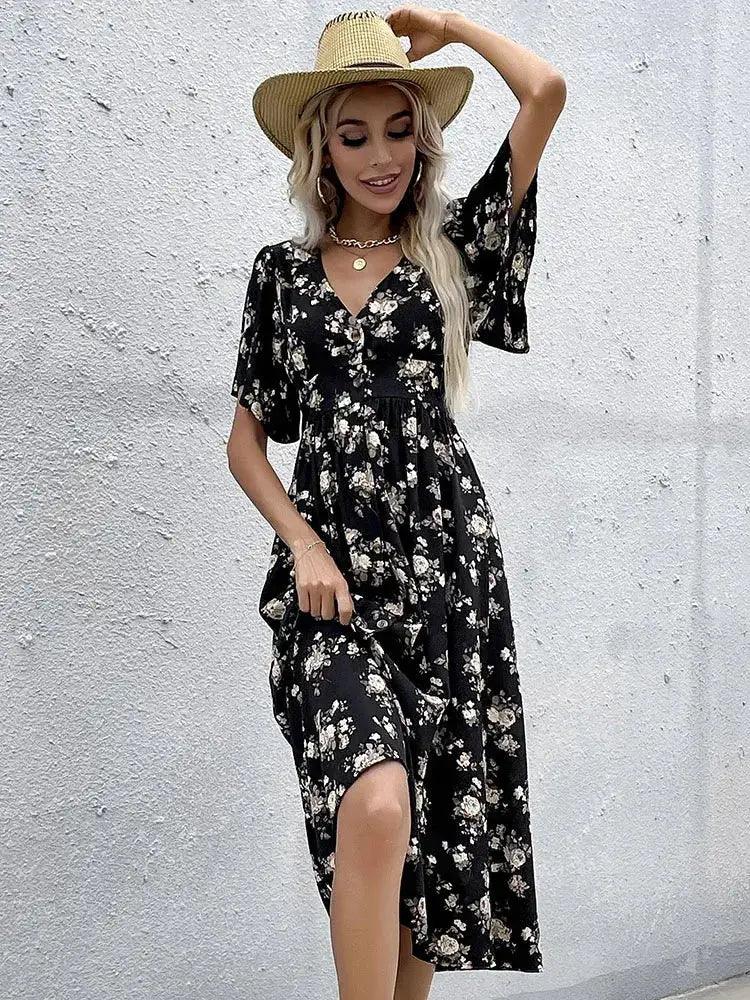 Black Floral V Neck Midi Dress - Vintage Casual Summer Vestidos for Women - MissyMays Elegance