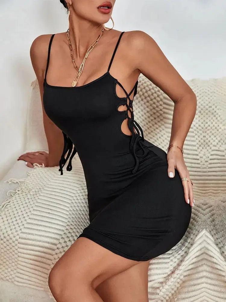Black Hollow Out Bodycon Dress - Spaghetti Strap Drawstring Mini for Summer Parties - MissyMays Elegance