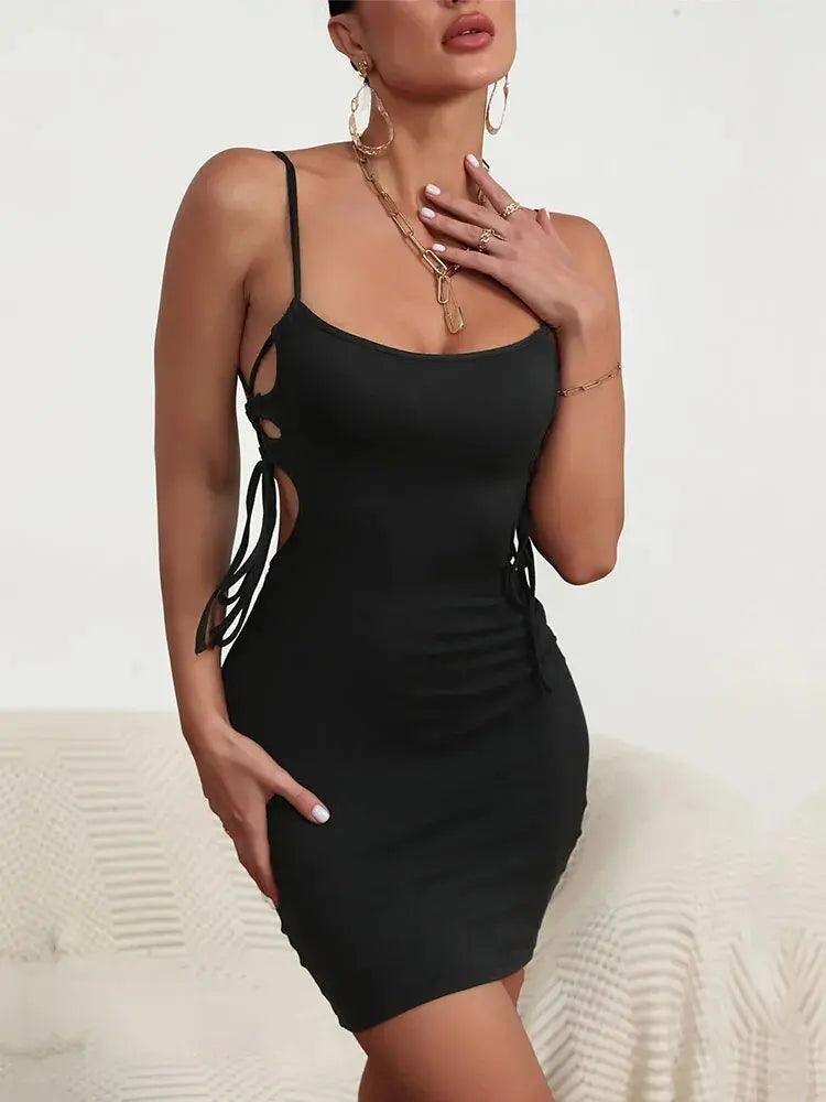 Black Hollow Out Bodycon Dress - Spaghetti Strap Drawstring Mini for Summer Parties - MissyMays Elegance