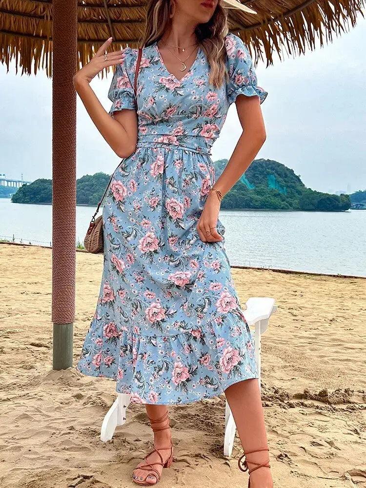 Blue Floral V Neck Midi Sundress - Casual Flounced Edge Beach Dress for Women - MissyMays Elegance