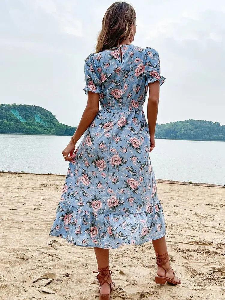 Blue Floral V Neck Midi Sundress - Casual Flounced Edge Beach Dress for Women - MissyMays Elegance