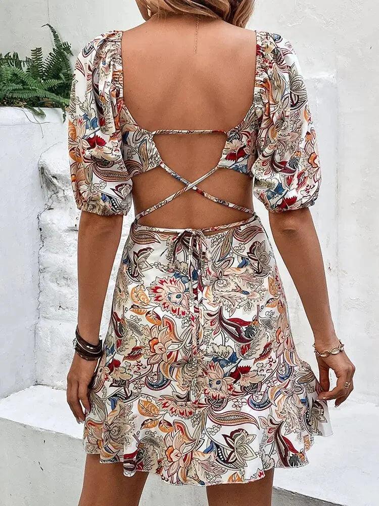 Bohemian Floral Backless Mini Dress - Deep V Neck, Short Sleeve Summer Beachwear for Women - MissyMays Elegance
