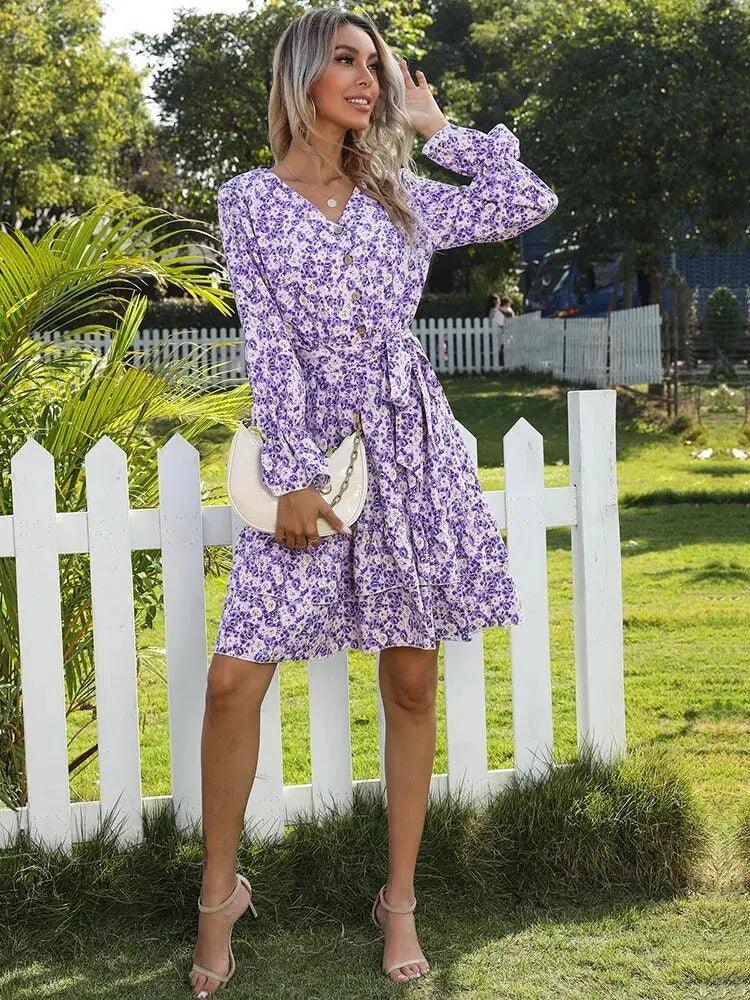 Boho Floral Mini Dress - V Neck Ruffle Long Sleeve, Spring Summer Purple Swing Casual Holiday Outfit - MissyMays Elegance