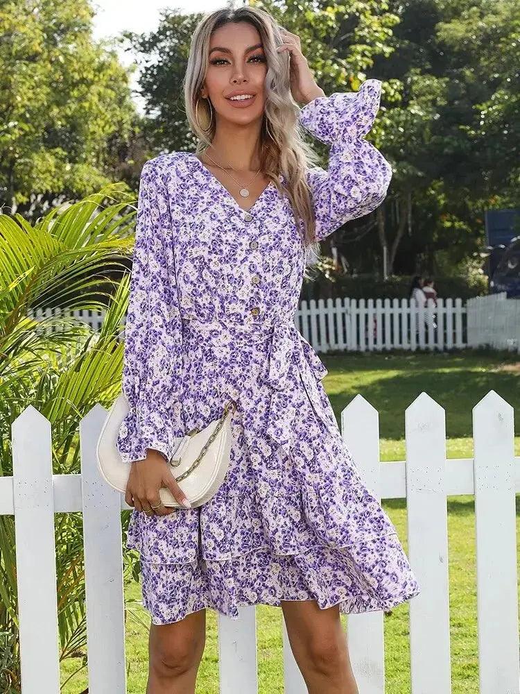 Boho Floral Mini Dress - V Neck Ruffle Long Sleeve, Spring Summer Purple Swing Casual Holiday Outfit - MissyMays Elegance