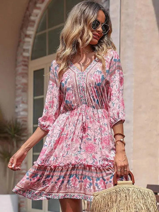 Boho Floral Wrap Mini Dress - V Neck Pink Sundress for Summer Beach - MissyMays Elegance