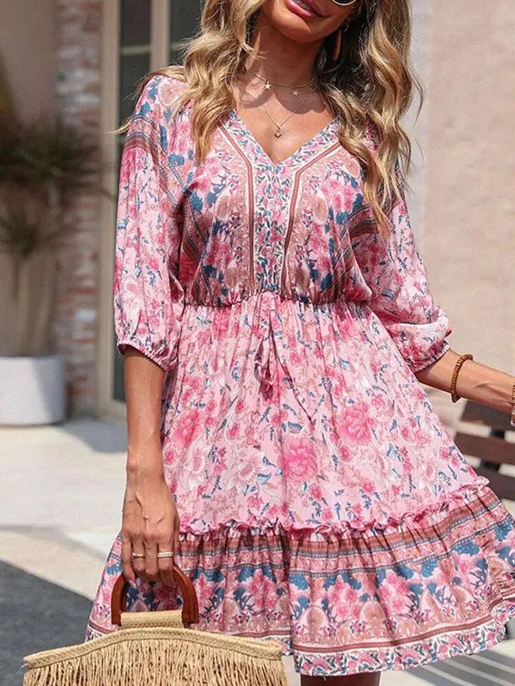 Boho Floral Wrap Mini Dress - V Neck Pink Sundress for Summer Beach - MissyMays Elegance