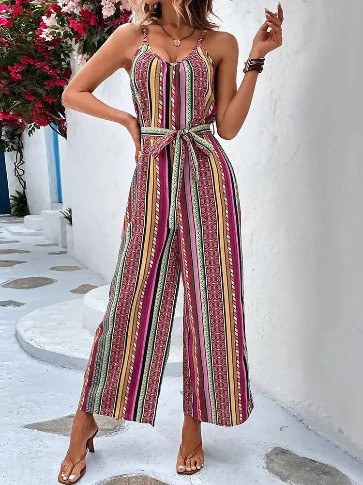 Boho Vintage Spaghetti Strap Jumpsuit - Wide Leg Beach Playsuit with Pockets - MissyMays Elegance