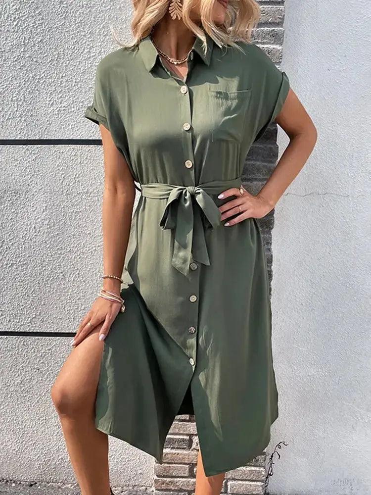 Casual Beach Summer Dress with Collar - Chic Short Sleeve Button-Down for Women - MissyMays Elegance