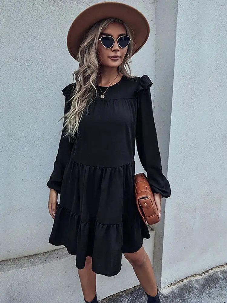 Casual Long Sleeve Solid Dress - Women's Round Neck Loose Fit for Elegant Holiday Beach Style - MissyMays Elegance