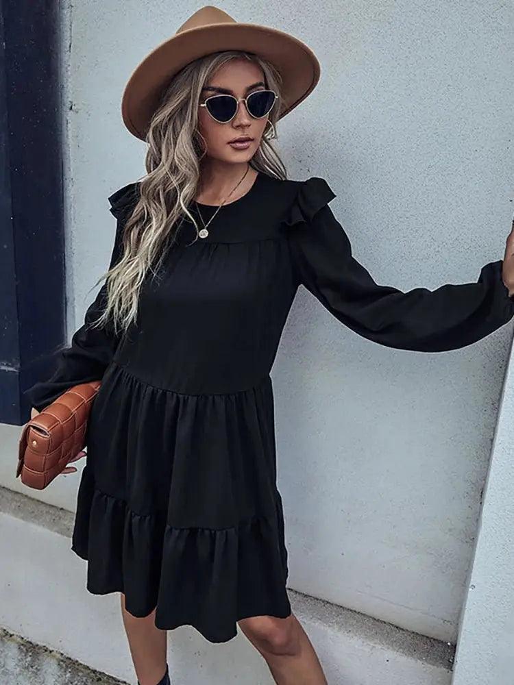 Casual Long Sleeve Solid Dress - Women's Round Neck Loose Fit for Elegant Holiday Beach Style - MissyMays Elegance