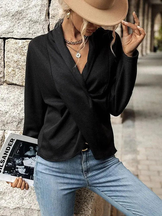 Casual Pullover Women Autumn Long Sleeve V Neck Cross Solid Color Sweater Female Elegant Tops Fashion Streetwear - MissyMays Elegance