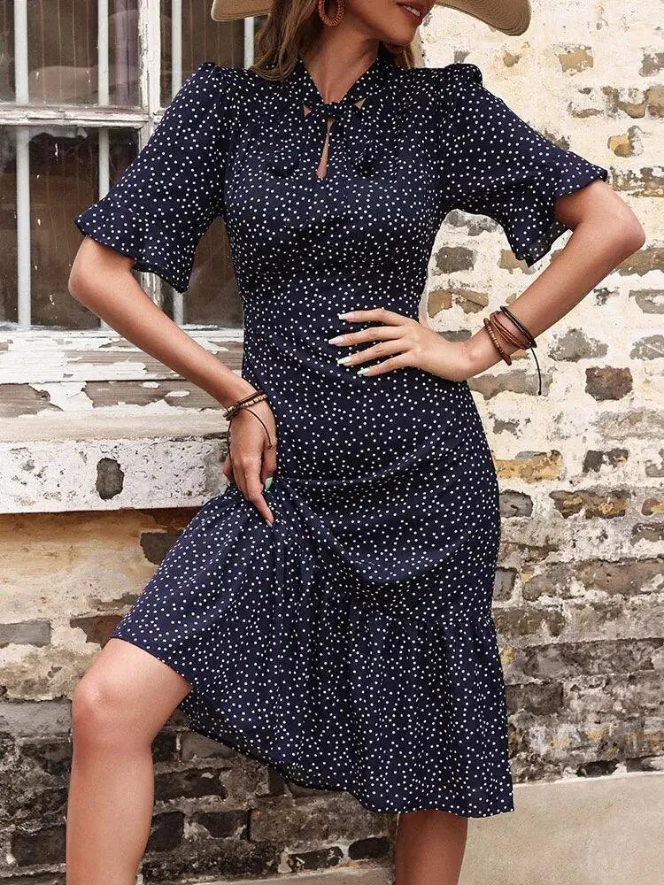 Chic and Breezy: Women's Casual Dot Printed Midi Dress - Summer Vintage Style with Elegant Lace-Up Detail - MissyMays Elegance