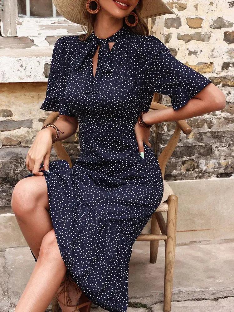 Chic and Breezy: Women's Casual Dot Printed Midi Dress - Summer Vintage Style with Elegant Lace-Up Detail - MissyMays Elegance