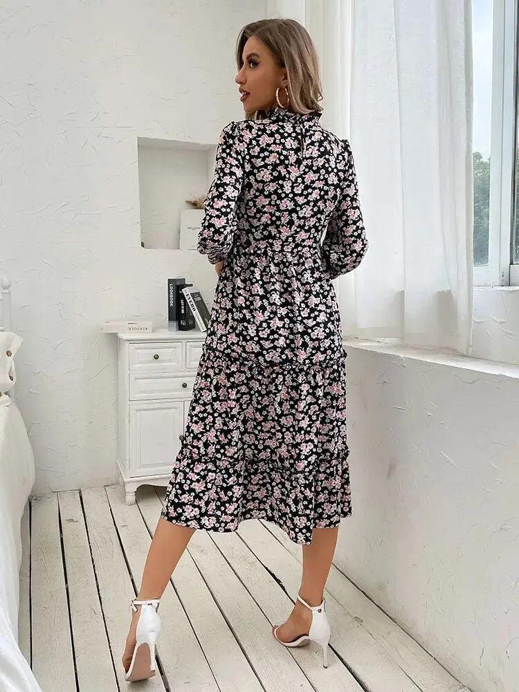 Chic Autumn Elegance: Retro Floral Mock Neck Midi Dress with Long Sleeves and Pleated Folds - Casual Tunic Style for Women - MissyMays Elegance
