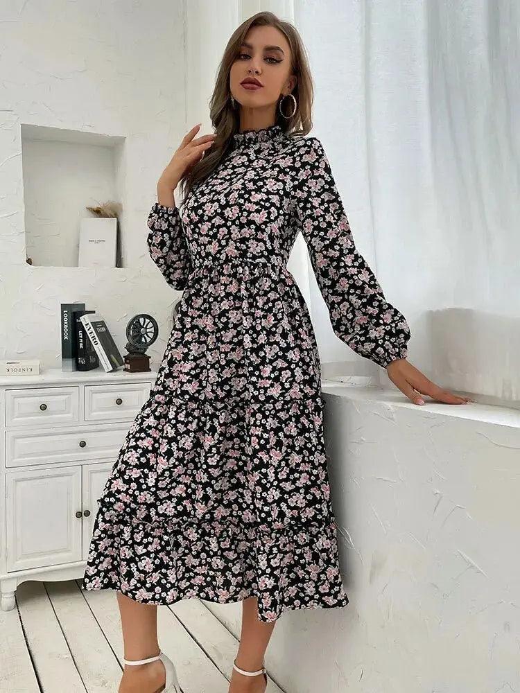 Chic Autumn Elegance: Retro Floral Mock Neck Midi Dress with Long Sleeves and Pleated Folds - Casual Tunic Style for Women - MissyMays Elegance