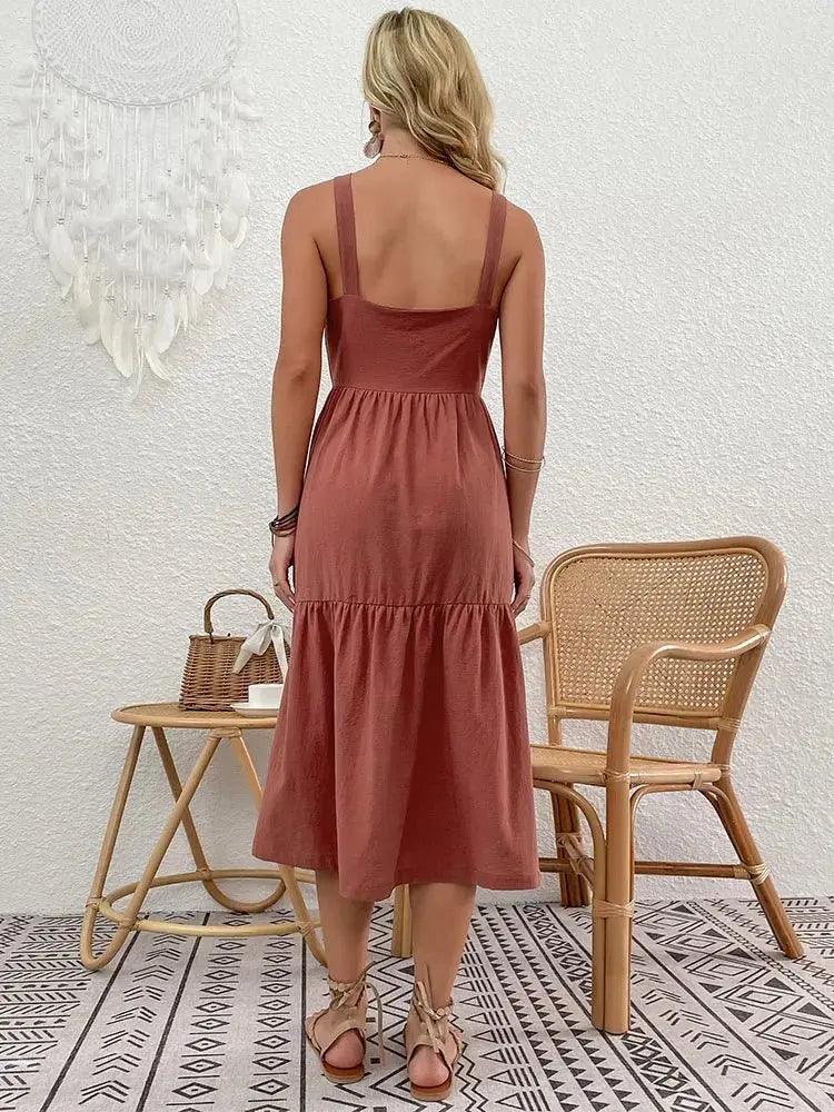 Chic Backless Midi Dress with Slit - Casual Spaghetti Strap Style for Women - MissyMays Elegance