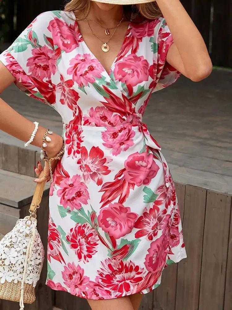 Chic Floral Printed V-Neck Mini Dress for Women - Perfect for Spring & Summer Beach Outings - MissyMays Elegance