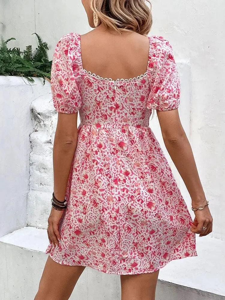 Chic Pink Floral Printed Mini Dress for Women: Short Sleeve, V-Neck, Lace-Up - Perfect for Summer Parties! - MissyMays Elegance