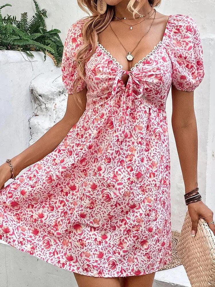 Chic Pink Floral Printed Mini Dress for Women: Short Sleeve, V-Neck, Lace-Up - Perfect for Summer Parties! - MissyMays Elegance