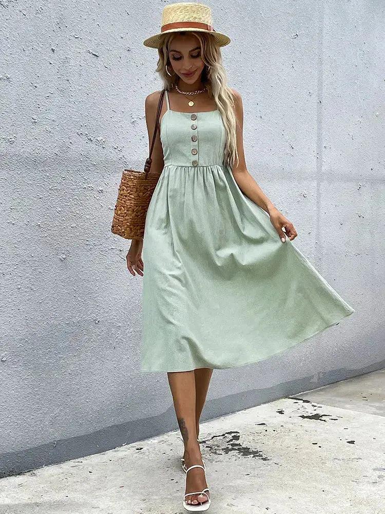 Chic Sleeveless Ruffle Midi Dress - Elegant Casual Wear with Spaghetti Straps - MissyMays Elegance