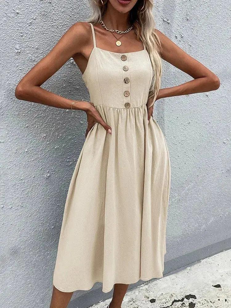 Chic Sleeveless Ruffle Midi Dress - Elegant Casual Wear with Spaghetti Straps - MissyMays Elegance