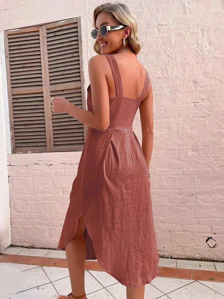 Chic Summer Beach Midi Dress with Irregular Hem - Elegant Spaghetti Strap A-Line Design - MissyMays Elegance