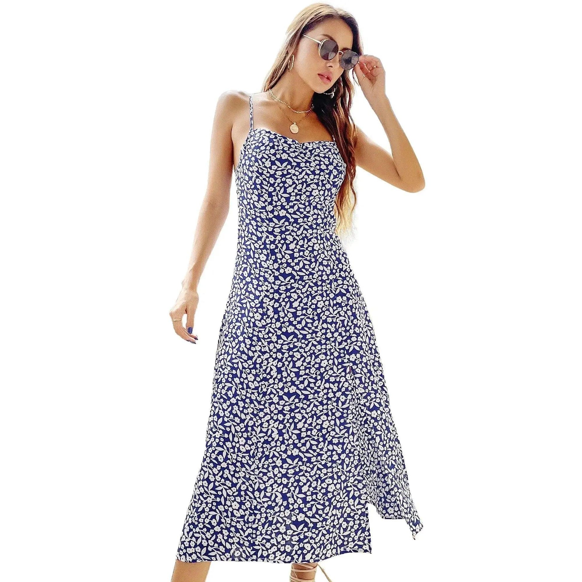 Chic Summer Spaghetti Strap Floral Midi Dress - Sleeveless, Slim Fit with Slit Design - MissyMays Elegance