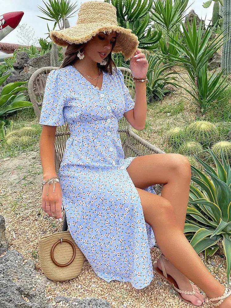 Elegant Blue Floral V-Neck Maxi Sundress: Perfect for Summer Elegance and Formal Occasions - MissyMays Elegance