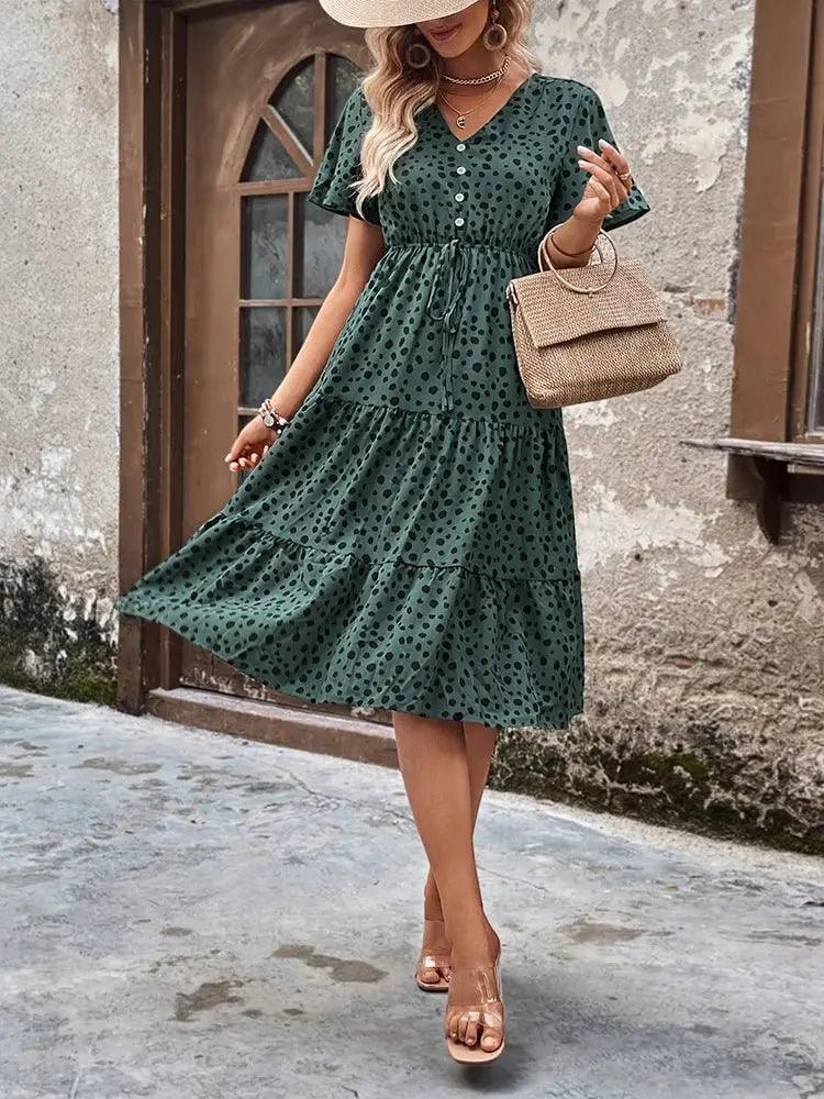 Elegant Dot Print Vintage Midi Dress - V-Neck Pleat Design for Summer Style - MissyMays Elegance