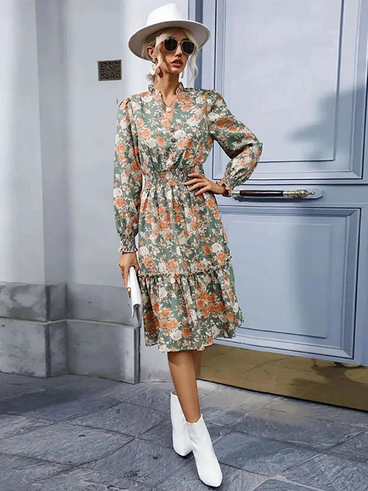 Elegant Floral Long Sleeve Dress - Women's Spring Autumn V Neck High Waist Fashion Vestido - MissyMays Elegance