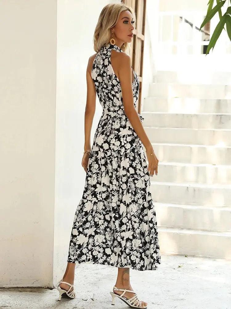 Elegant Halter Neck Floral Maxi Sundress with Belt - Perfect for Women's Summer Vacation Wardrobe - MissyMays Elegance