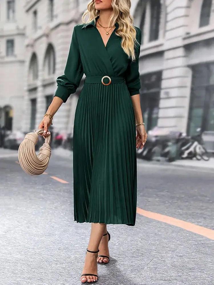 Elegant Long Sleeve V-Neck Dress - European and American Style Casual Fashion - MissyMays Elegance