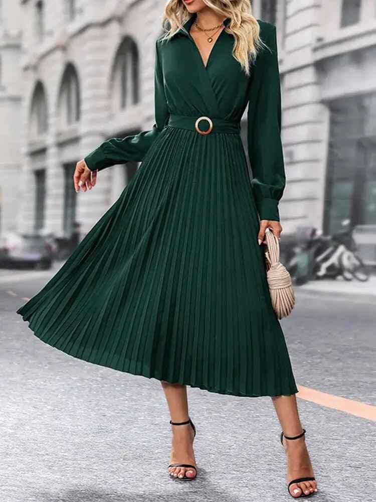 Elegant Long Sleeve V-Neck Dress - European and American Style Casual Fashion - MissyMays Elegance