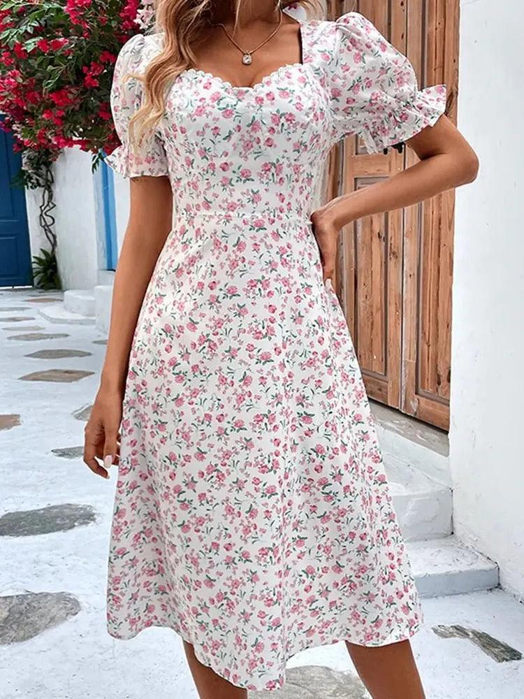 Elegant Summer Floral Print V-Neck Dress for Women - Butterfly Sleeves, Slim Fit, Fashionable Casual Wear - MissyMays Elegance