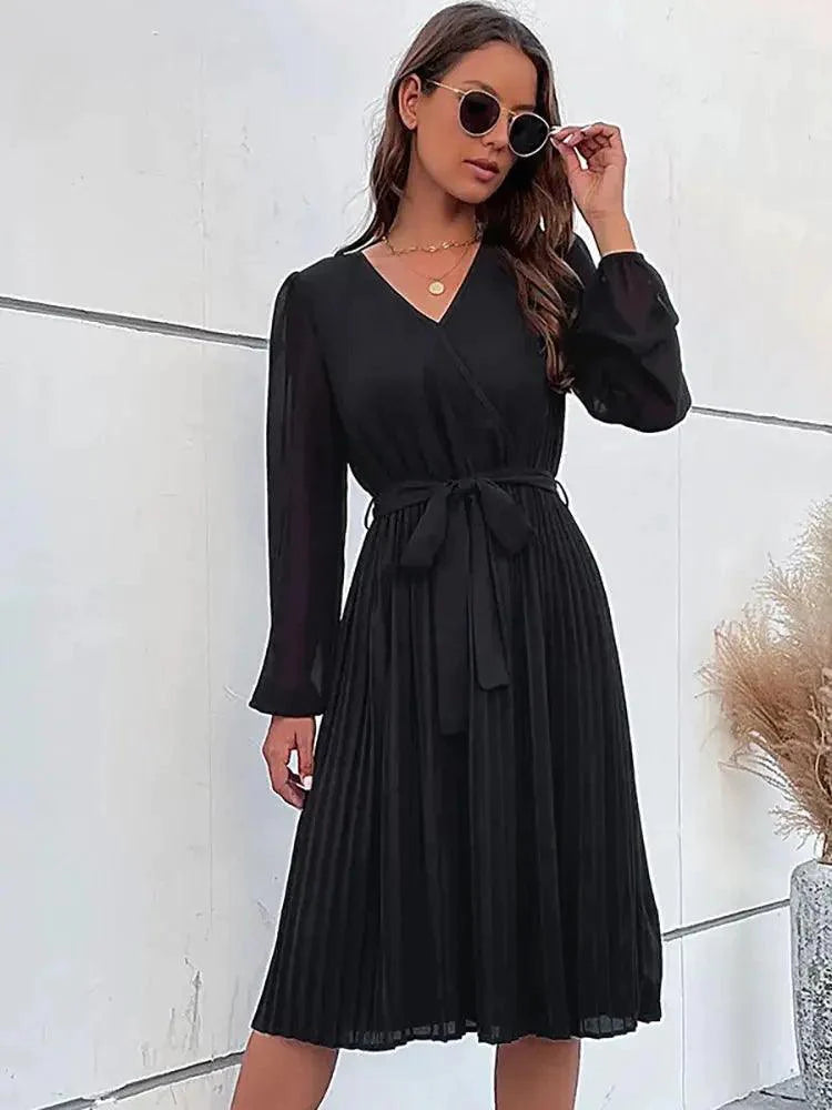 Elegant V-neck Ruffle A-Line Dress - Slim Pleated Long Sleeve Mini for Women, Perfect for Parties - MissyMays Elegance