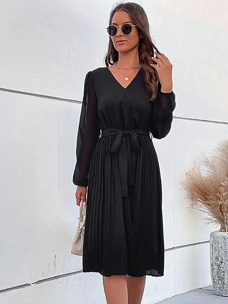 Elegant V-neck Ruffle A-Line Dress - Slim Pleated Long Sleeve Mini for Women, Perfect for Parties - MissyMays Elegance