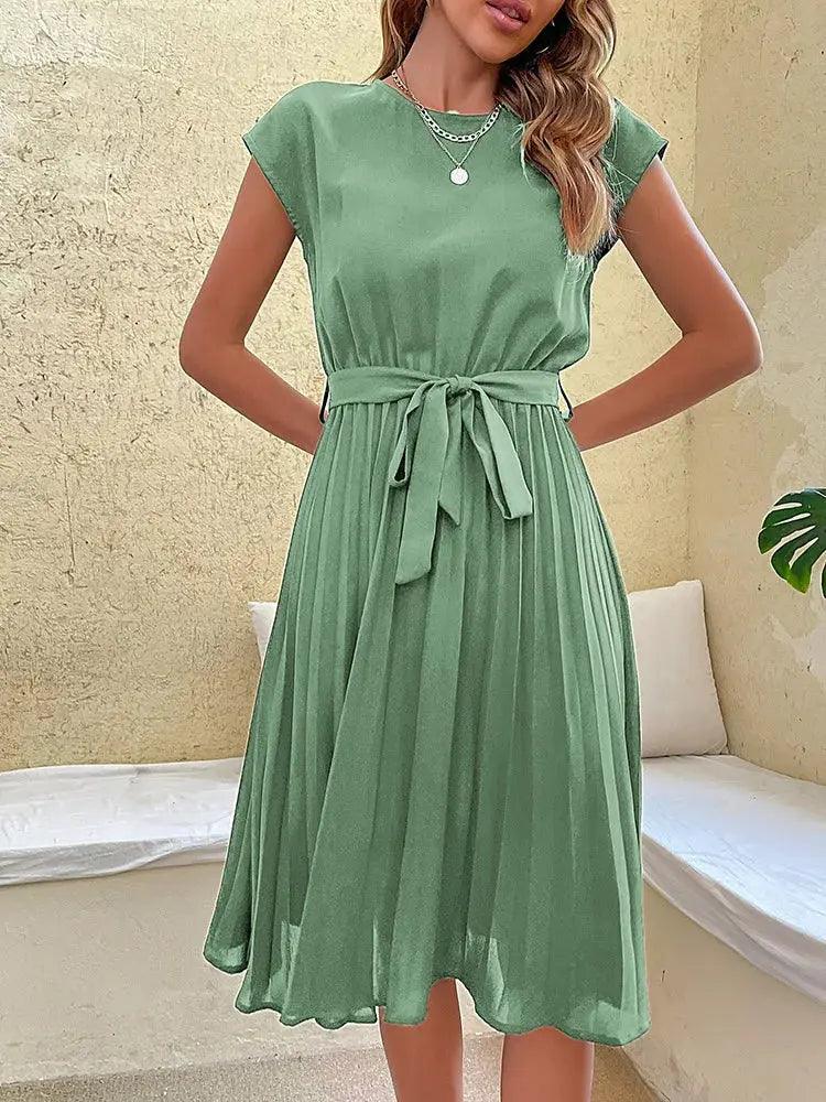Elegant Women Summer Casual Beach Sundress Short Sleeve Pleated Midi Dress Solid Colour O Neck Tunic Dresses Fashion - MissyMays Elegance