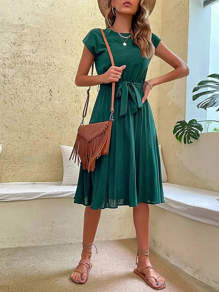 Elegant Women Summer Casual Beach Sundress Short Sleeve Pleated Midi Dress Solid Colour O Neck Tunic Dresses Fashion - MissyMays Elegance