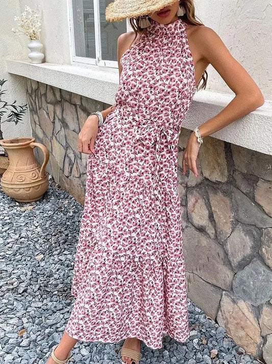 Floral Halter Neck Midi Sundress - Sleeveless Slim Fit for Chic Summer Style - MissyMays Elegance