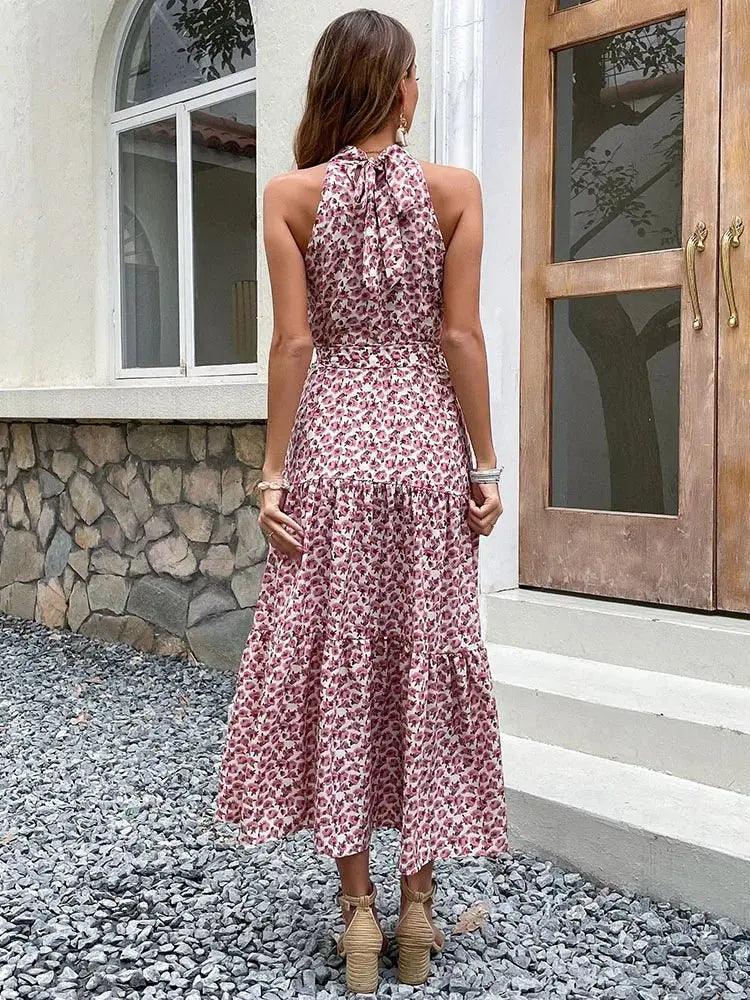 Floral Halter Neck Midi Sundress - Sleeveless Slim Fit for Chic Summer Style - MissyMays Elegance