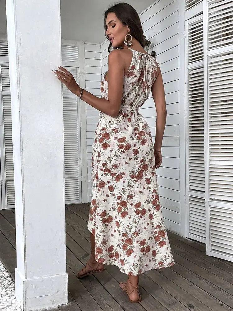 Floral Halter Neck Midi Sundress - Sleeveless Summer Beach Dress for Women - MissyMays Elegance