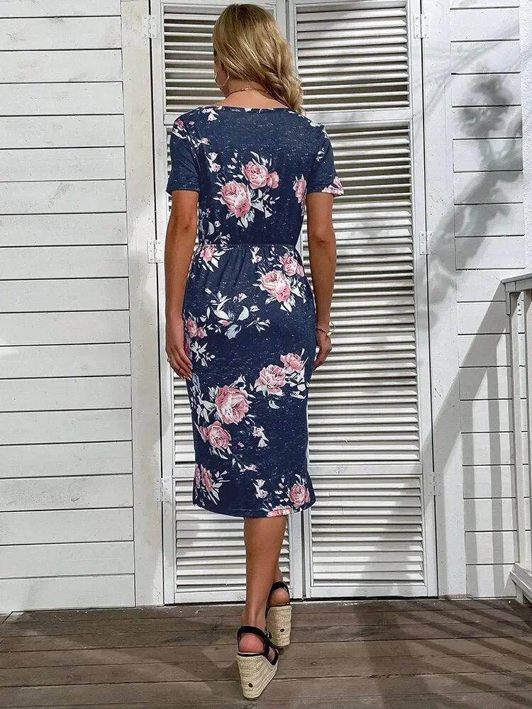 Floral Knee-Length Midi Dress with Drawstring Corset - Chic Summer Style for Women - MissyMays Elegance