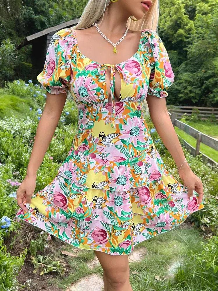 Floral Lace Up Princess Mini Dress - Short Sleeve Hollow Out Summer Sundress - MissyMays Elegance